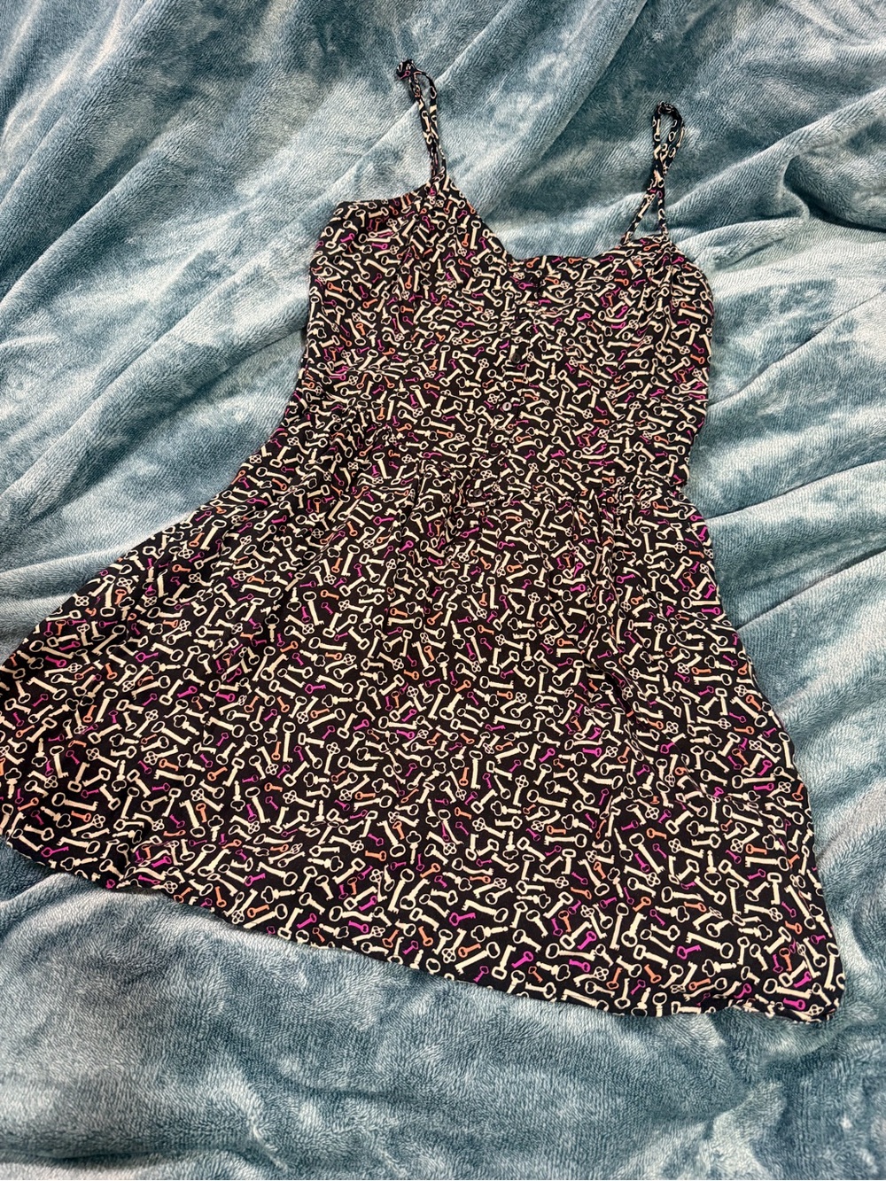 Divided Black Mini Dress with Pink & Cream Key Pattern